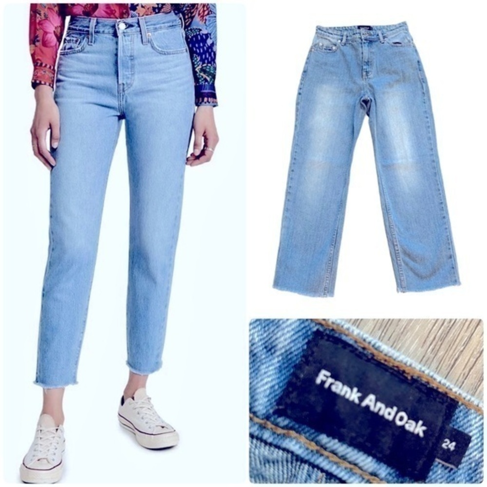 Frank & Oak Straight-Leg High Rise Ankle Jeans With Distressed Hem
